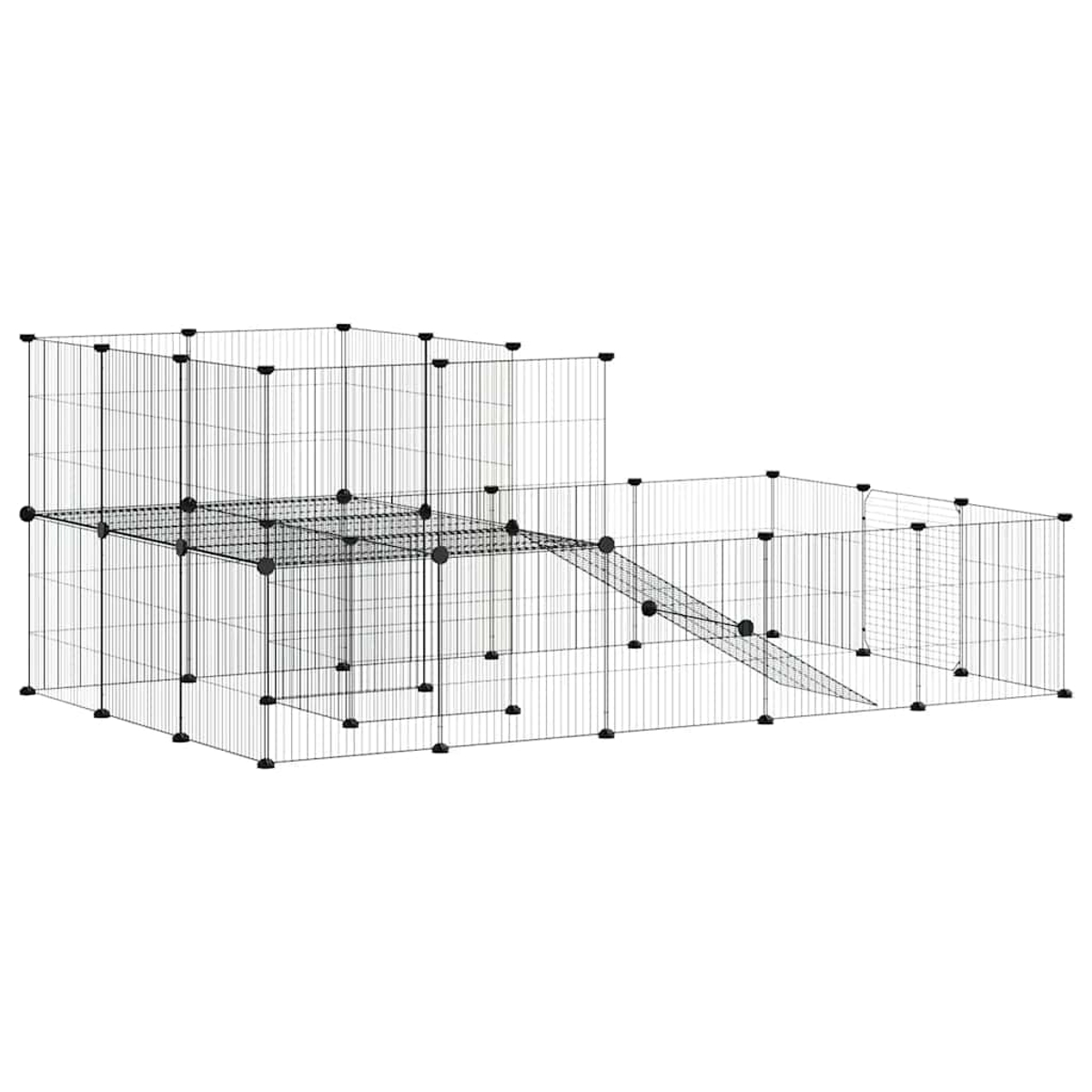 Ein schwarzer Draht-Modular-Kleintierauslauf mit mehreren Ebenen und Rampe.