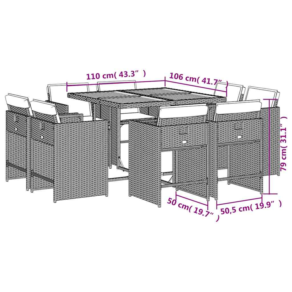 Ein rechteckiger Rattan-Tisch mit acht passenden Barhockern mit Kissen.