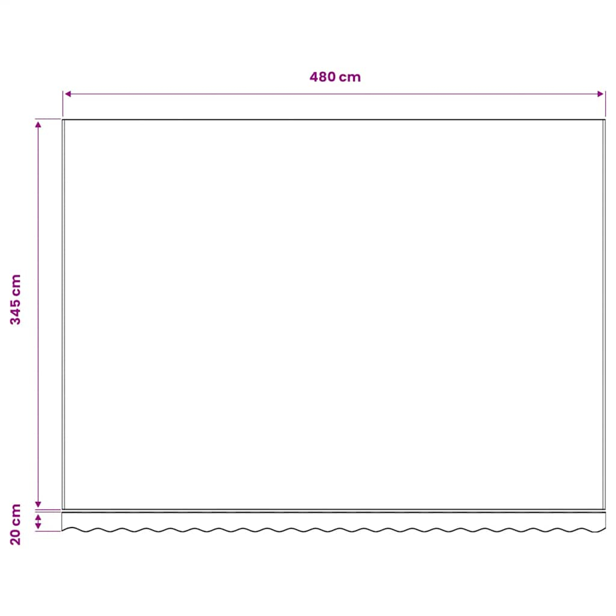 Rechteckige Form mit Maßen 480 cm Breite und 345 cm Höhe, 20 cm unterer Rand.