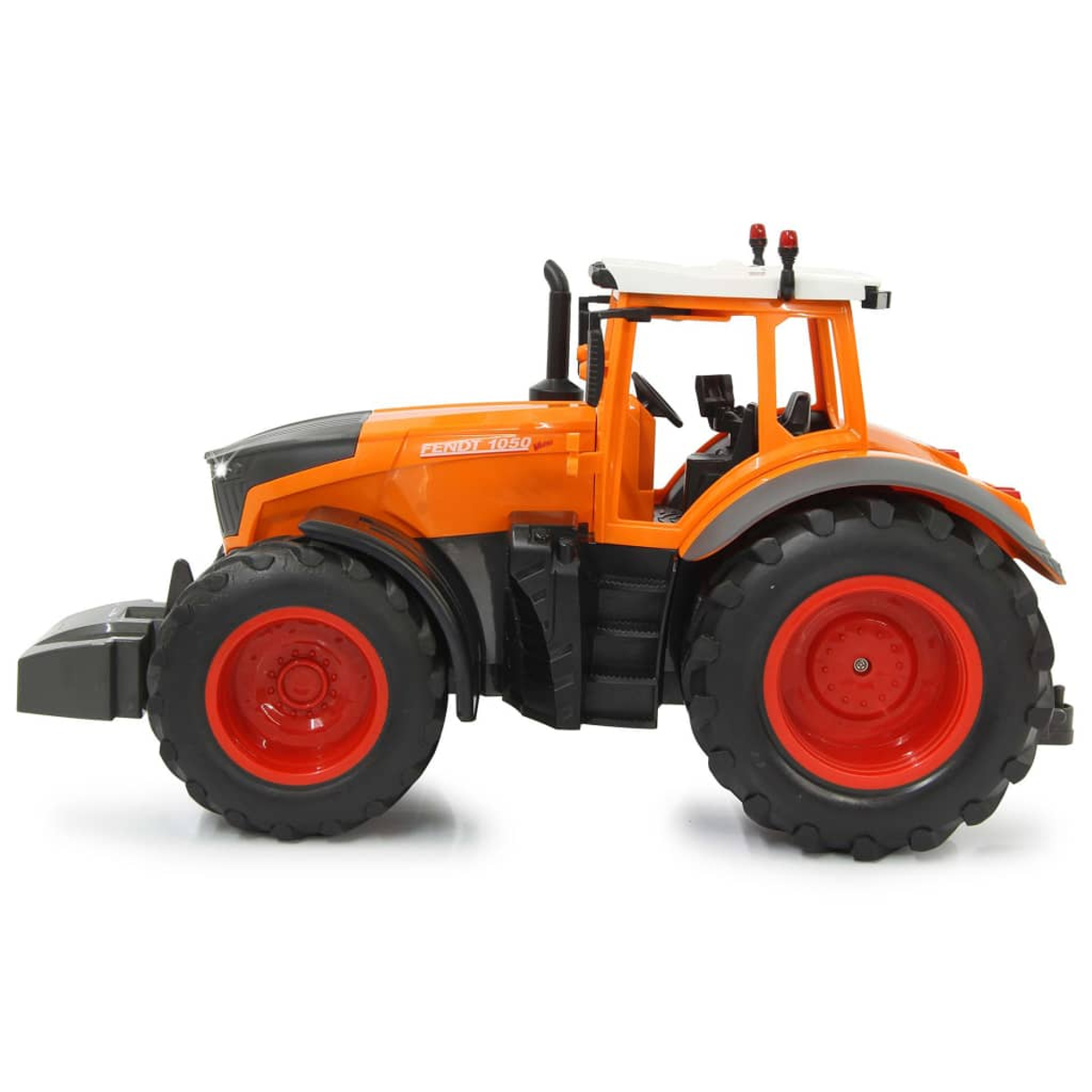 Orange Spielzeugtraktor mit großen Reifen und roten Felgen, auf weißem Grund.