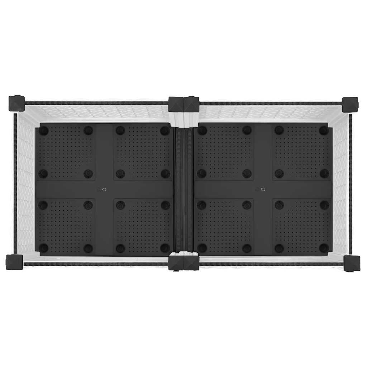 Eine weiße und schwarze rechteckige Aufbewahrungsbox mit vier Eckpfosten.