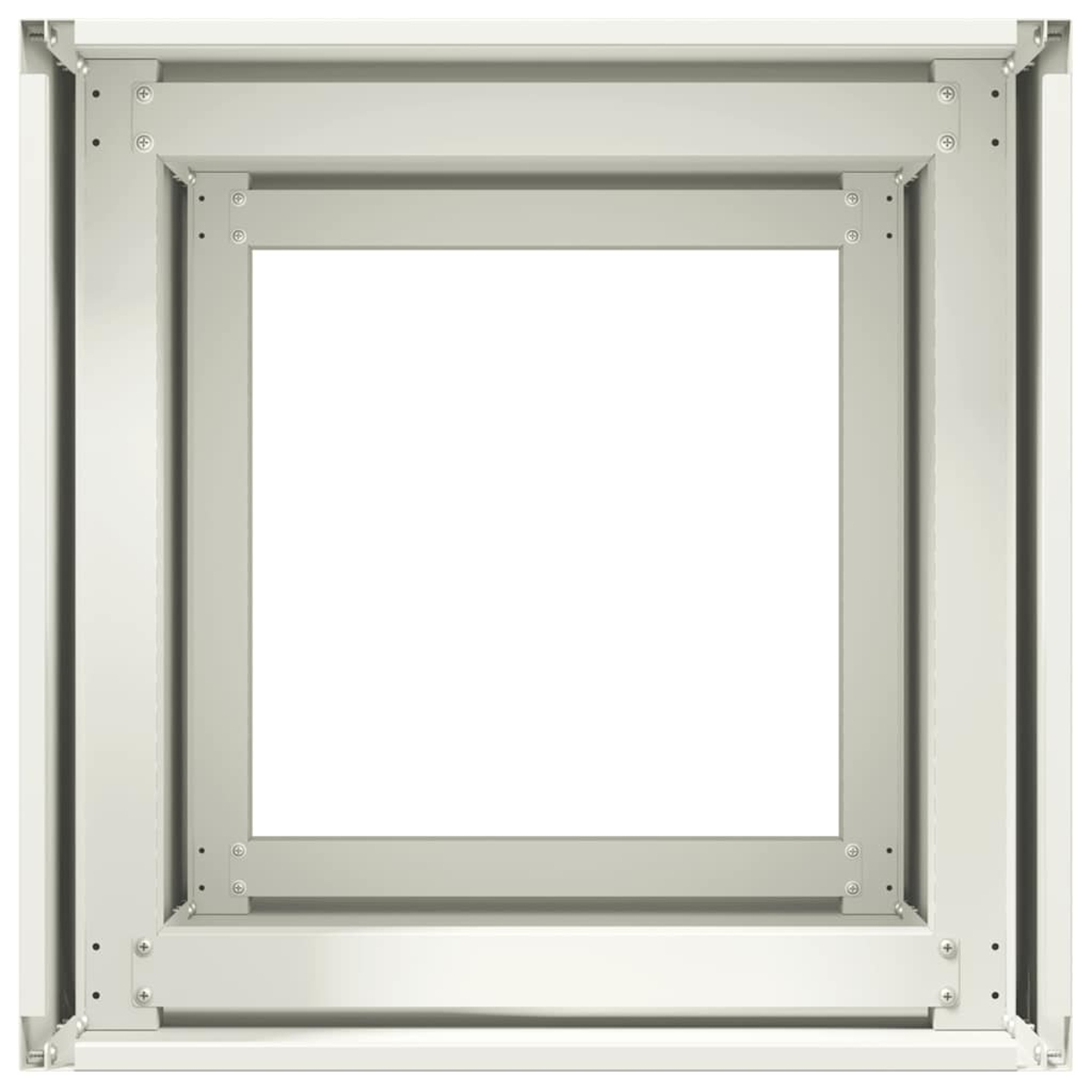 Una cornice quadrata color panna con profili interni ed esterni e viti visibili.
