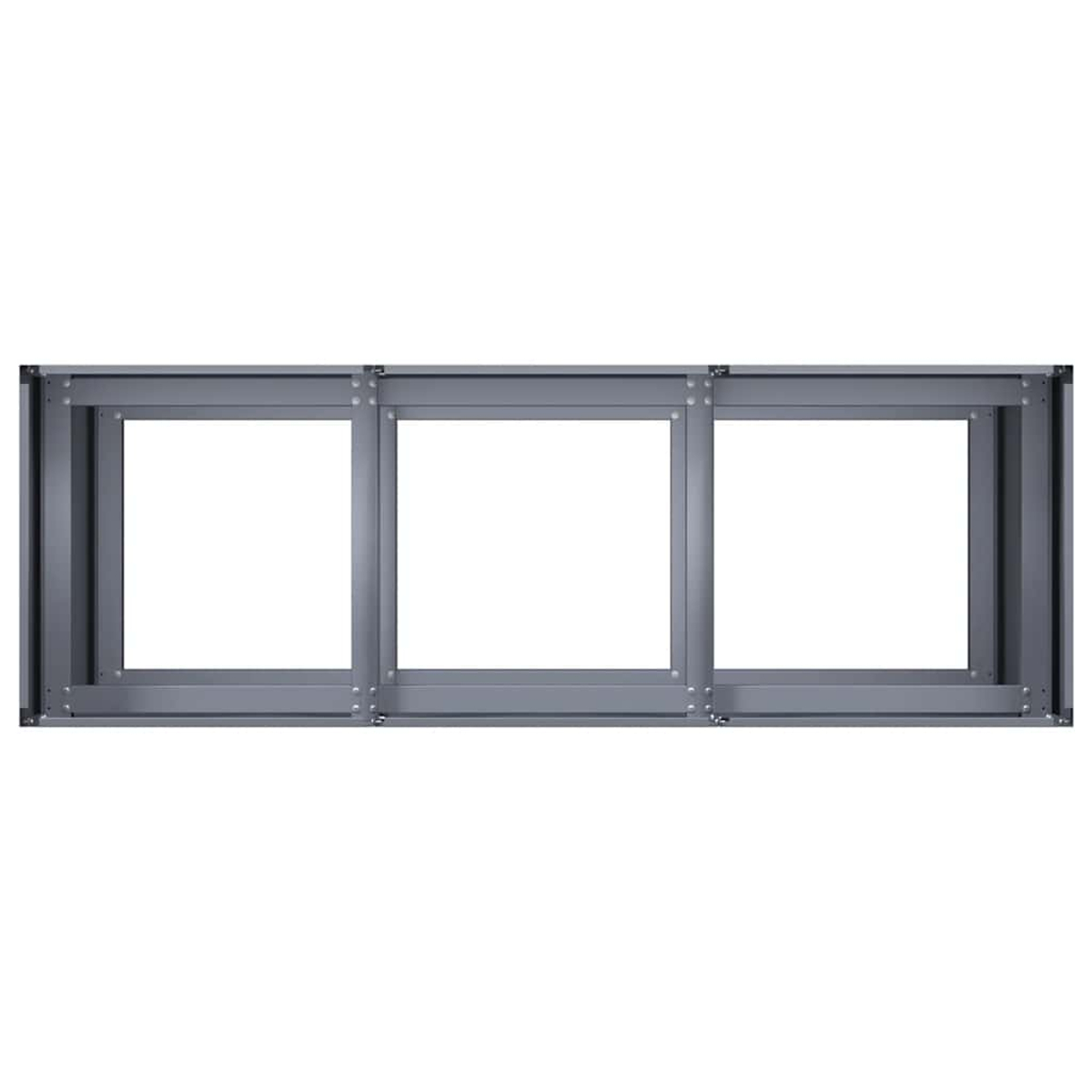Telaio grigio con tre aperture quadrate una accanto all'altra.