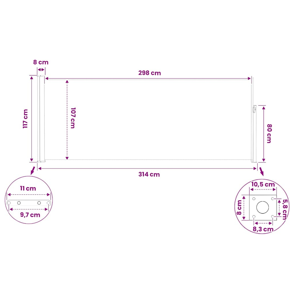 Technische Zeichnung mit Maßen für ein Gestell. Höhe 117cm, Länge 298cm.