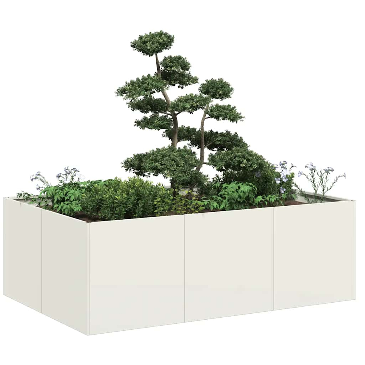Una fioriera rialzata bianca con alberi, cespugli e fiori.