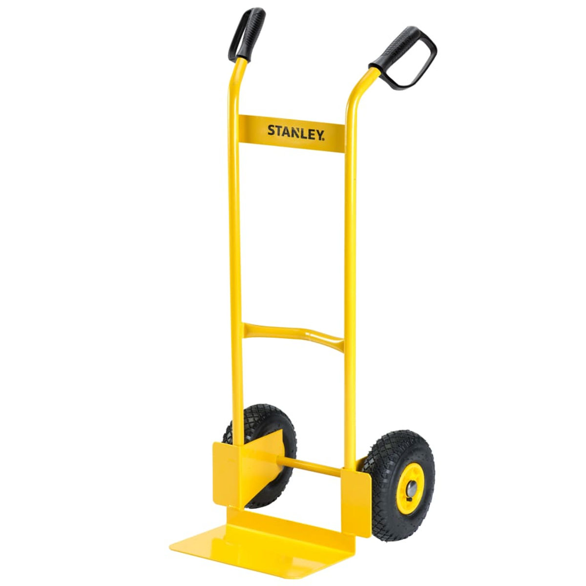 Un carrello Stanley giallo con manici e ruote nere.