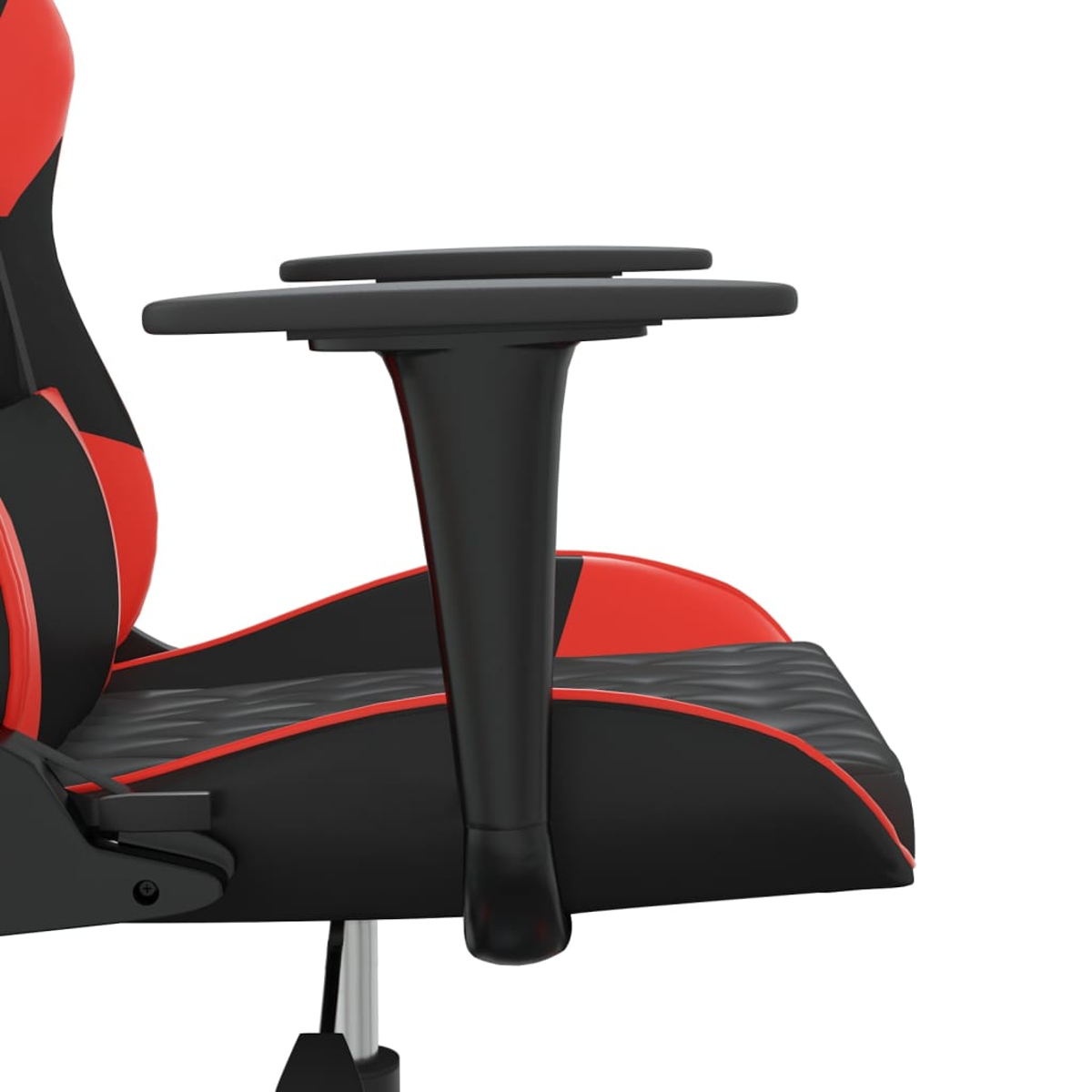 Detailansicht eines roten und schwarzen Gaming-Stuhls mit Armlehne.