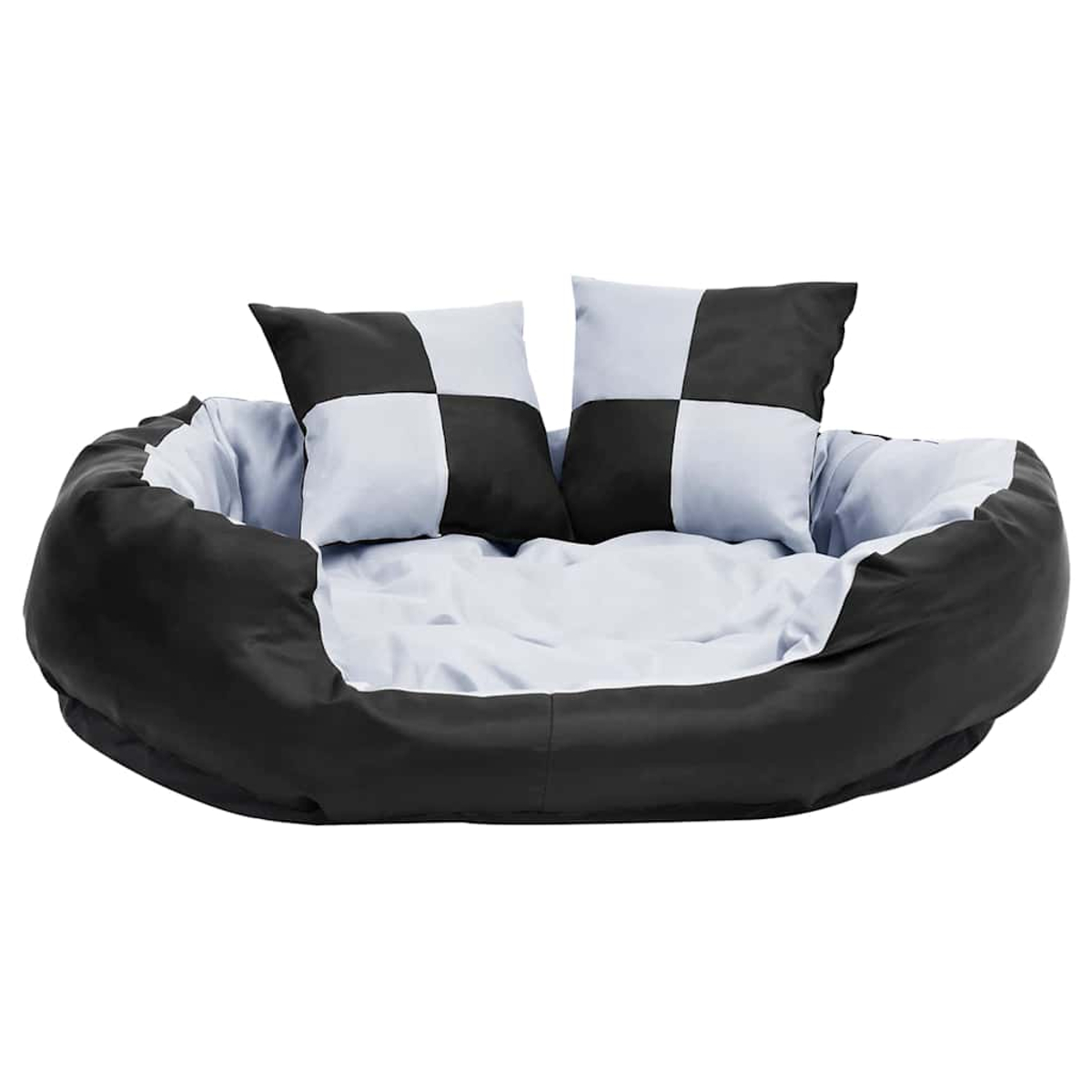 Ein schwarzes Hundebett mit hellblauer Innenseite und zwei karierten Kissen.