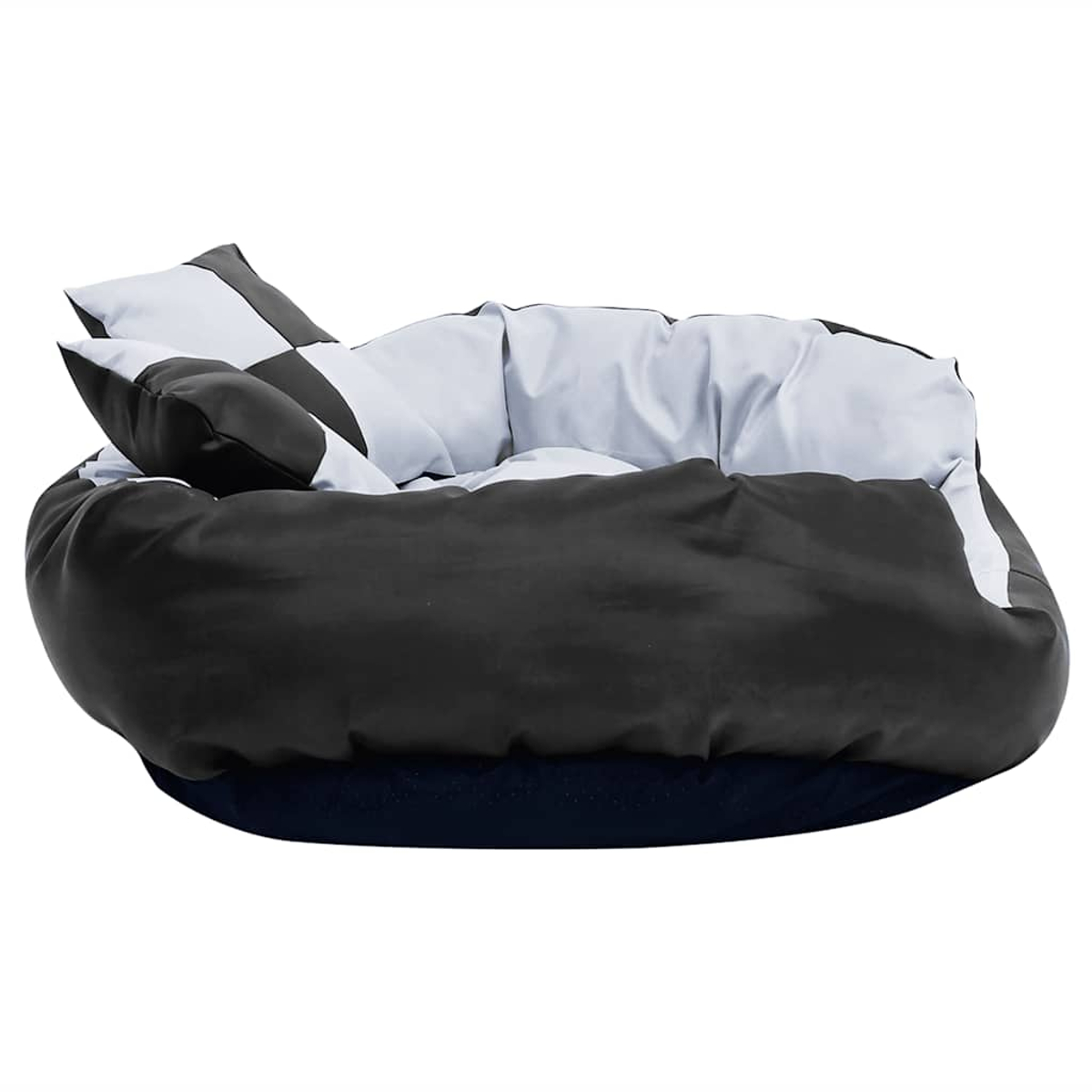 Ein rundes Hundebett in Schwarz mit einem karierten Kissen und grauem Innenfutter.