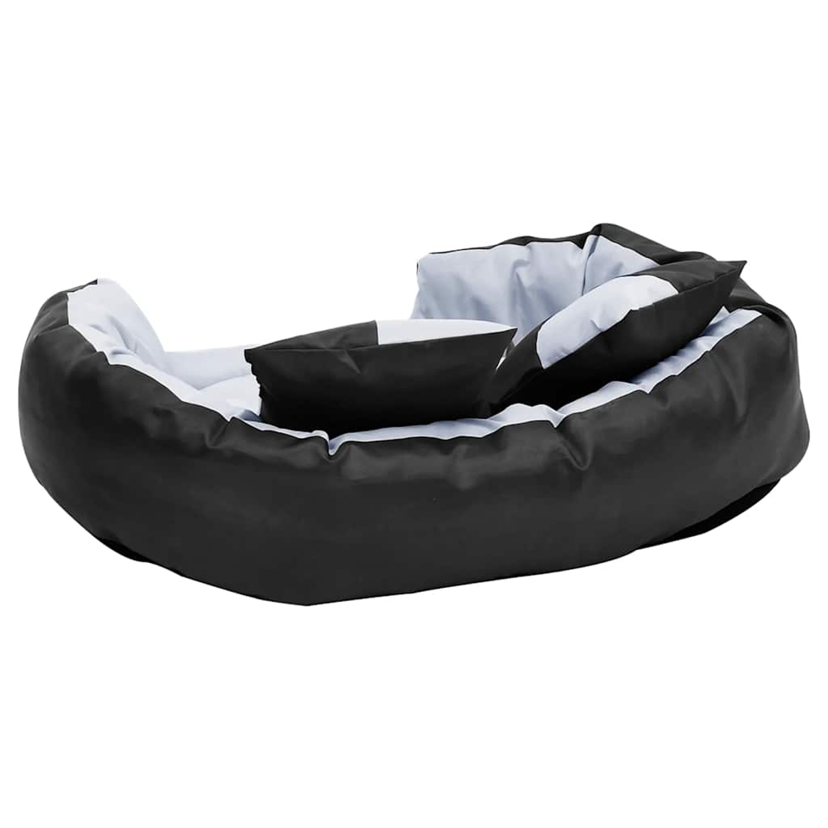 Ein schwarzes und hellgraues Hundebett mit zwei Kissen.