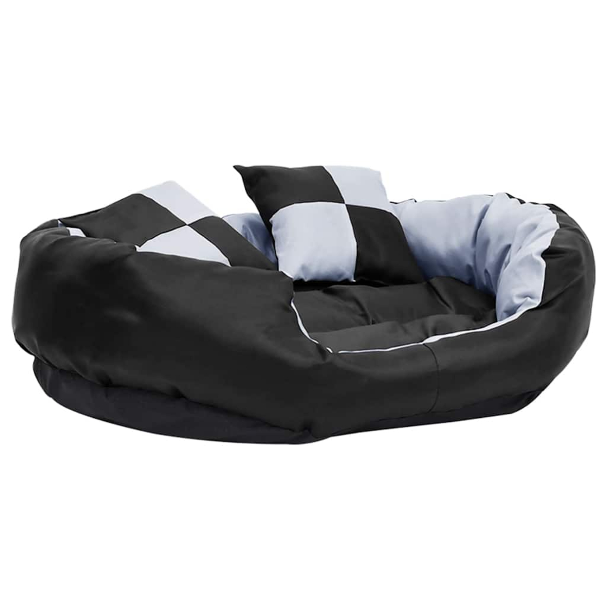 Ein schwarzes Hundebett mit karierten Kissen und weißer Paspelierung.