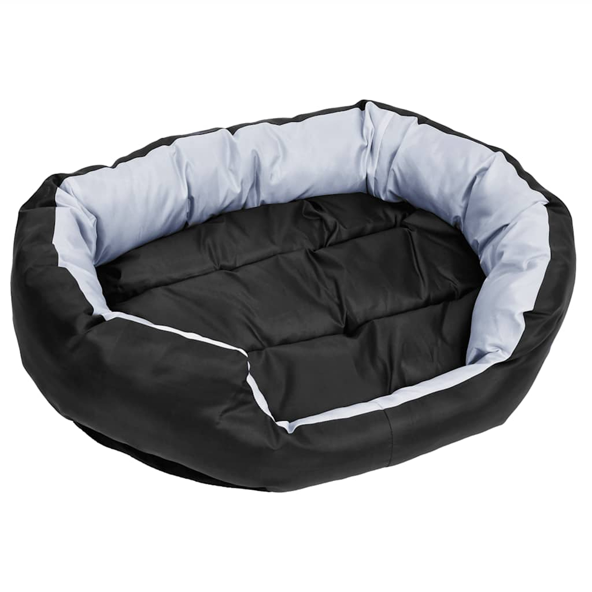 Ein schwarzes Hundebett mit hellgrauem Rand und weißer Paspelierung.
