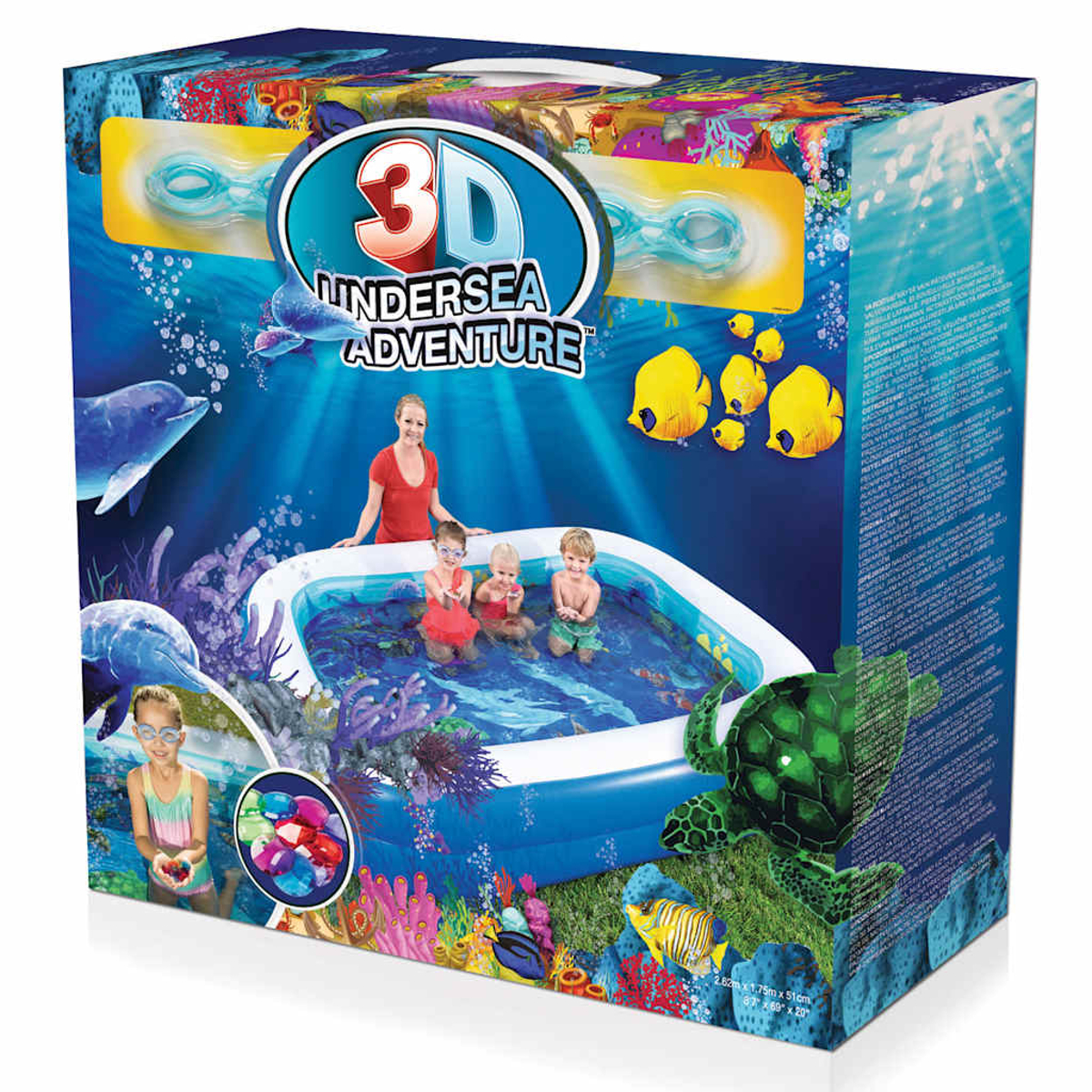 Verpackung für ein 3D-Unterwasserabenteuer-Set mit Kindern in einem Pool.