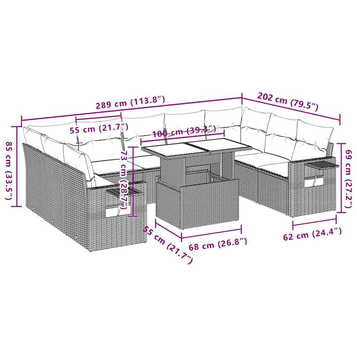 Ein graues Rattan-Sofa mit Tisch und Maßen.