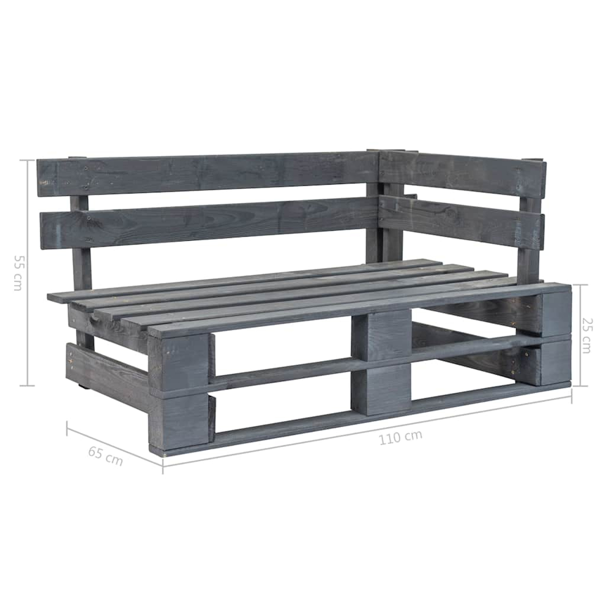 Graue Paletten-Eckbank mit Maßen 110x65x55 cm.