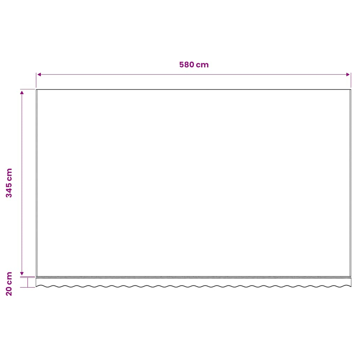 Diagramm zeigt eine rechteckige Form mit Maßen: 580 cm Breite, 345 cm Höhe, 20 cm unterer Rand.