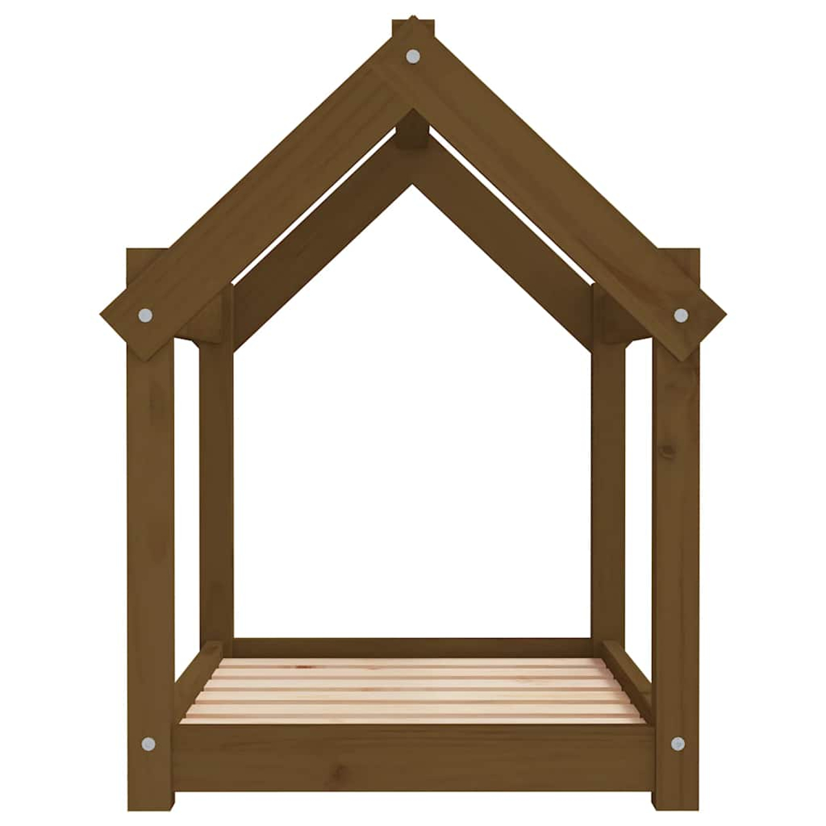 Ein braunes Holzhausbettgestell mit Lattenrost und spitzem Dach.