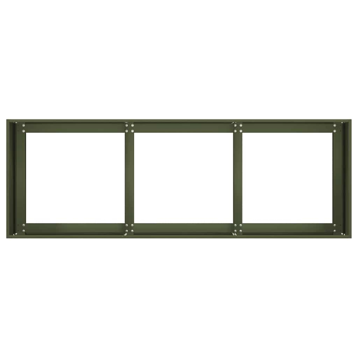 Telaio in metallo verde con tre aperture quadrate vuote, collegate da supporti verticali.