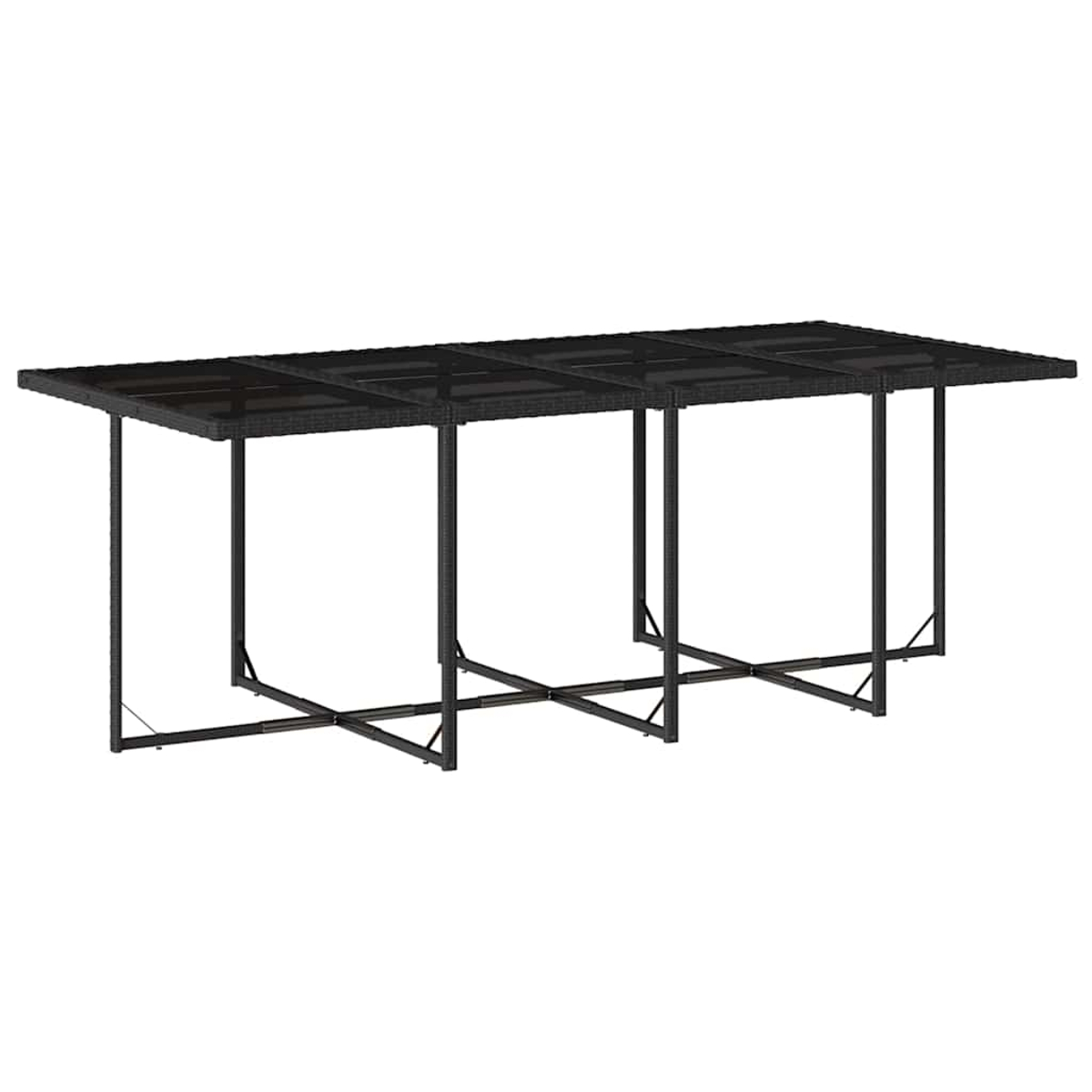 Ein langer, rechteckiger Tisch aus schwarzem Rattan mit Glasplatte und Metallbeinen.