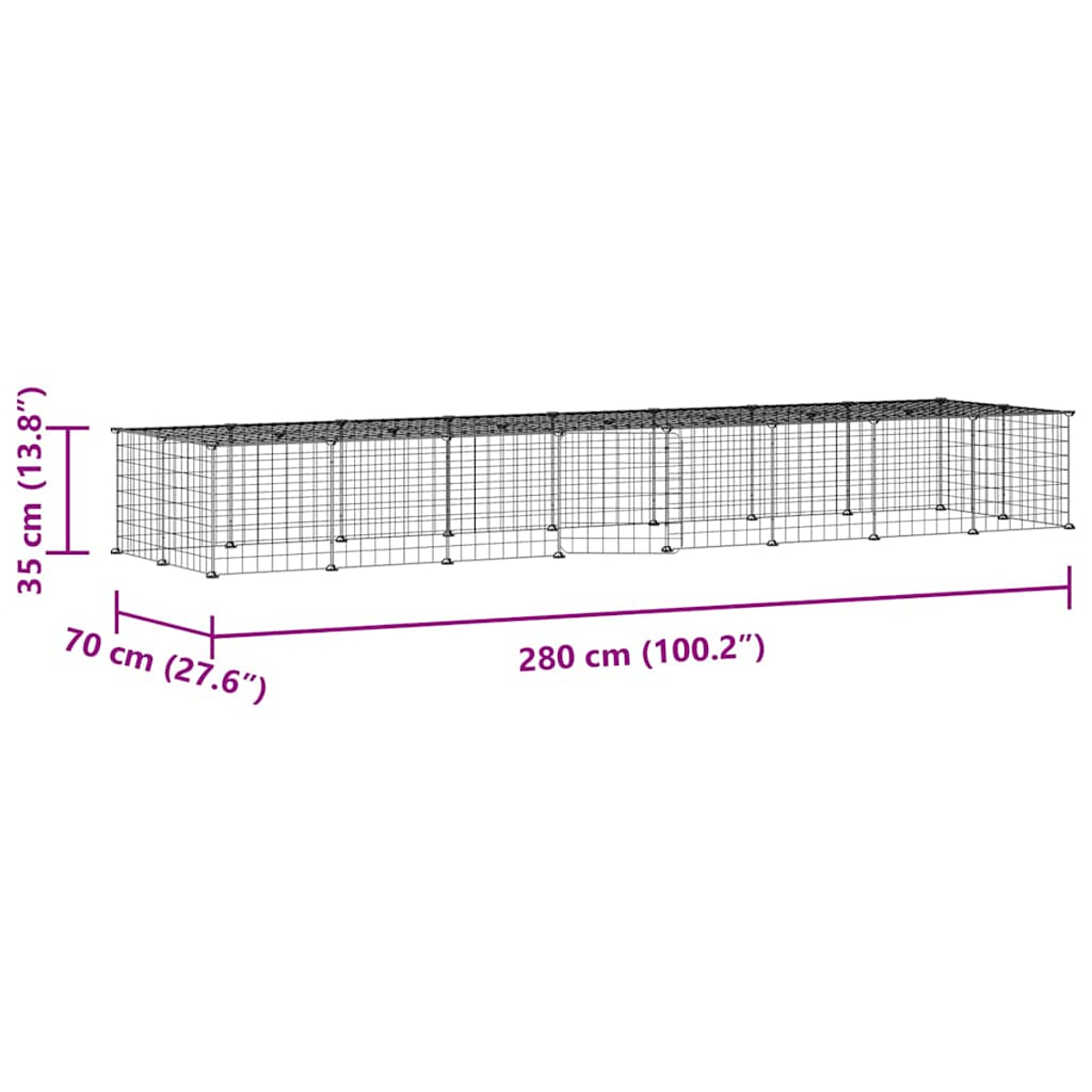 Drahtgitter-Gehege, 280cm lang, 70cm breit, 35cm hoch. Weißer Hintergrund.