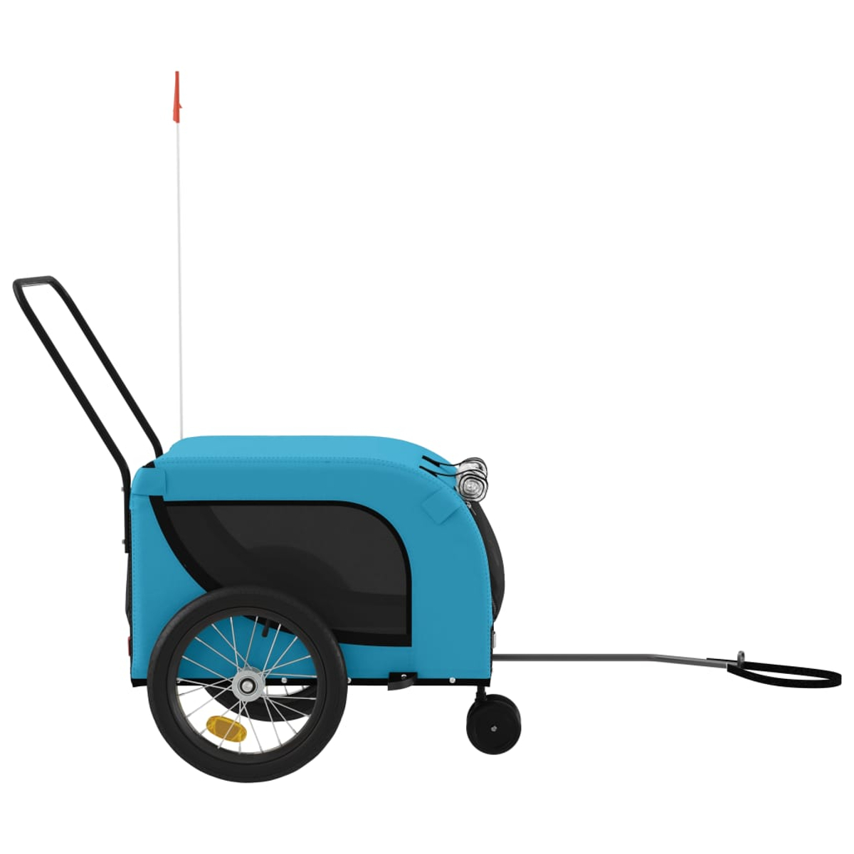 Ein blauer Kinderwagen mit einem Rad vorne und zwei Rädern hinten, mit Griff und Sicherheitsfahne.