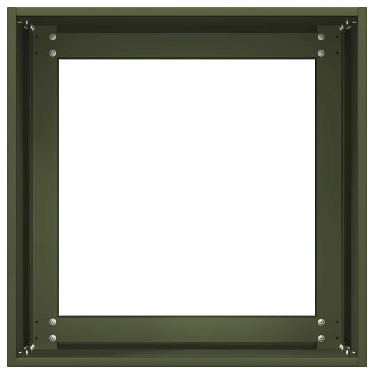 Telaio metallico verde scuro con viti a vista e centro bianco.