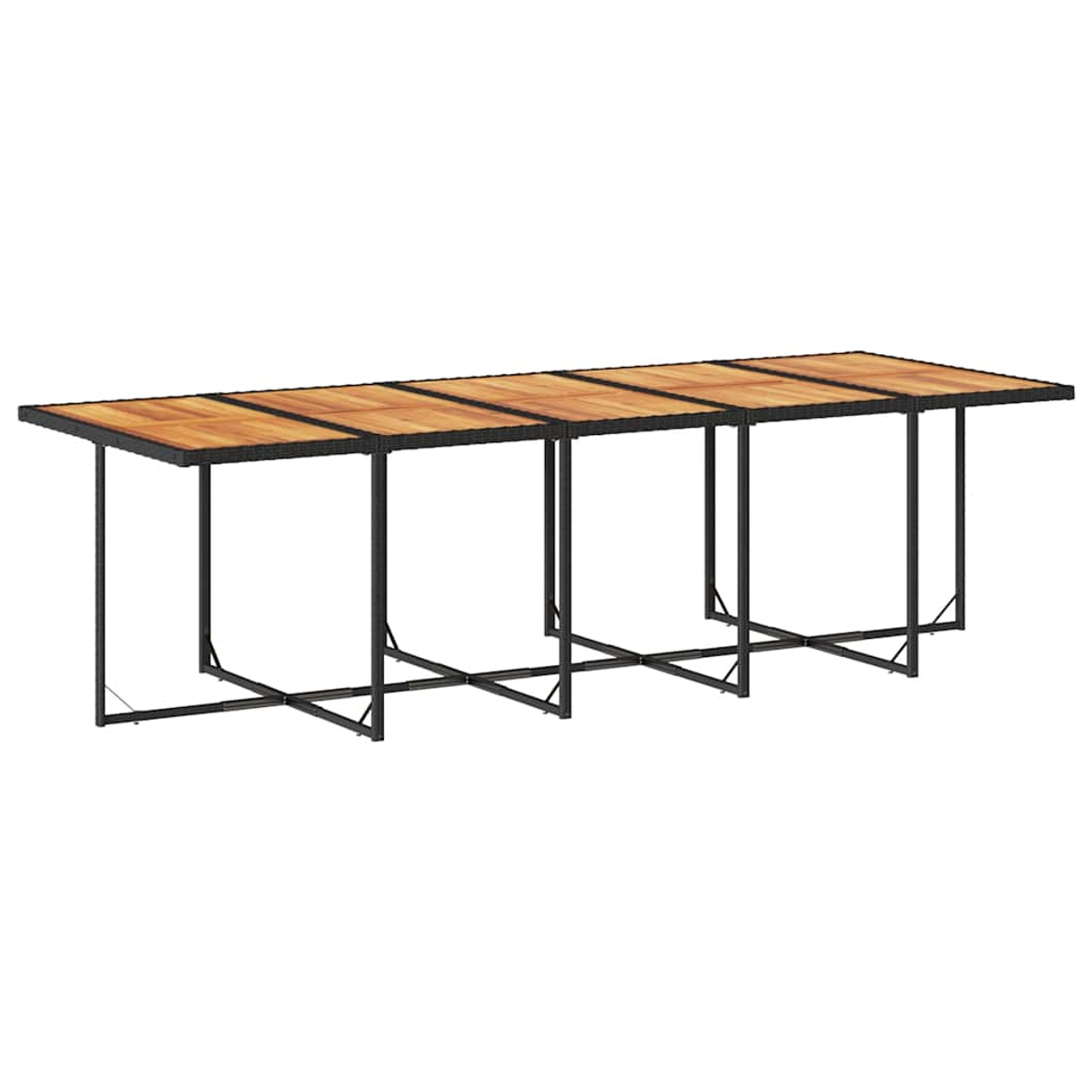 Ein langer, rechteckiger Holztisch mit schwarzem Metallgestell.