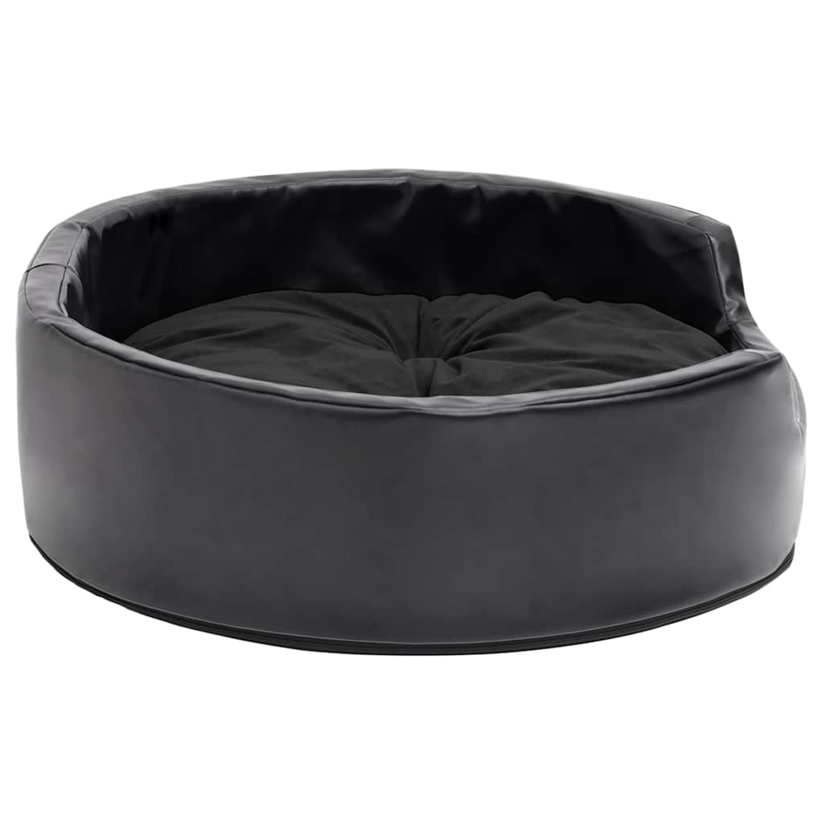 Ein schwarzes, rundes Hundebett mit hohem Rand und einem weichen Kissen.