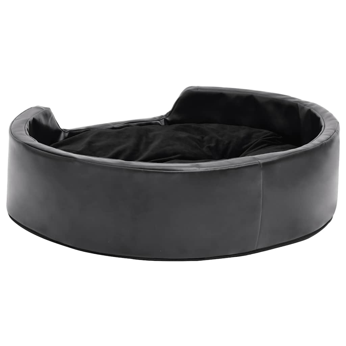 Ein schwarzes, oval geformtes Hundebett mit erhöhten Rändern und einem weichen Kissen.