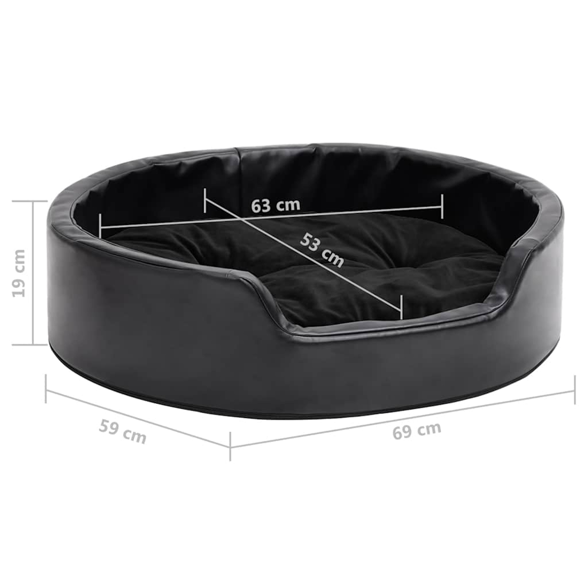Schwarzes Hundebett mit Maßen: 19cm hoch, 53cm breit, 59cm lang.