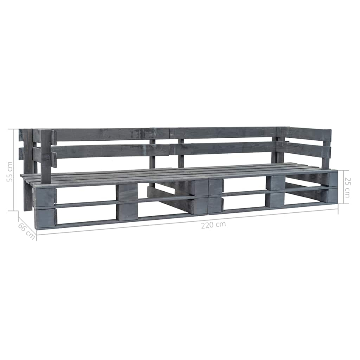 Ein langes, graues Sofa aus Holzpaletten mit Armlehnen und Rückenlehne. Maße sichtbar.