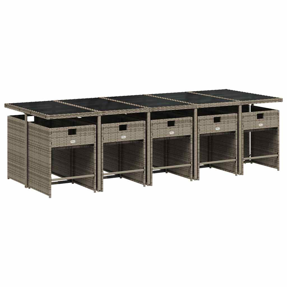 Eine lange, modulare Outdoor-Bar in grauem Rattangeflecht mit schwarzer Glasplatte. Mit Schubladen.
