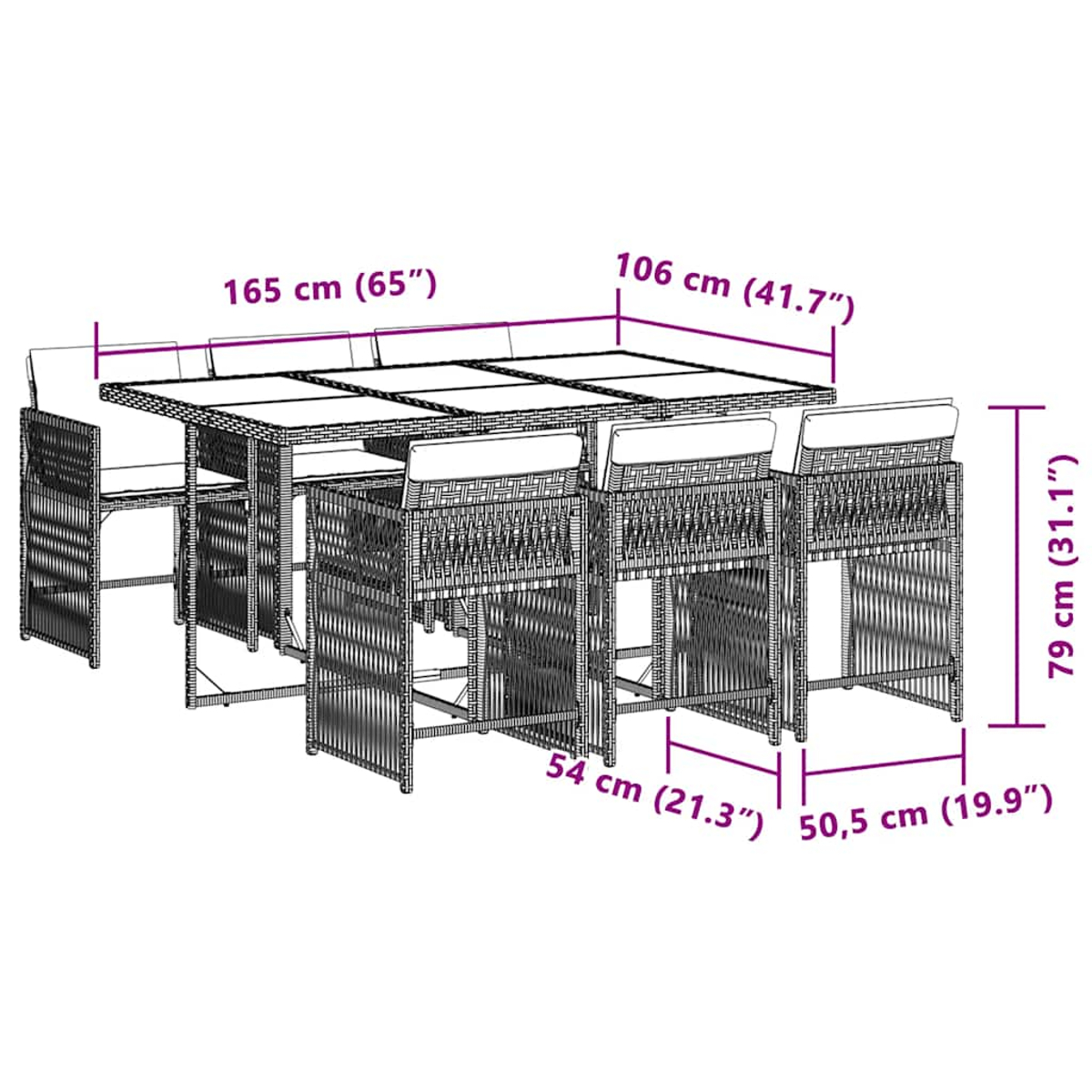 Geflecht-Esstisch-Set mit Tisch (165x106x79cm) und 6 Stühlen (54x50.5cm). Weiße Polster.