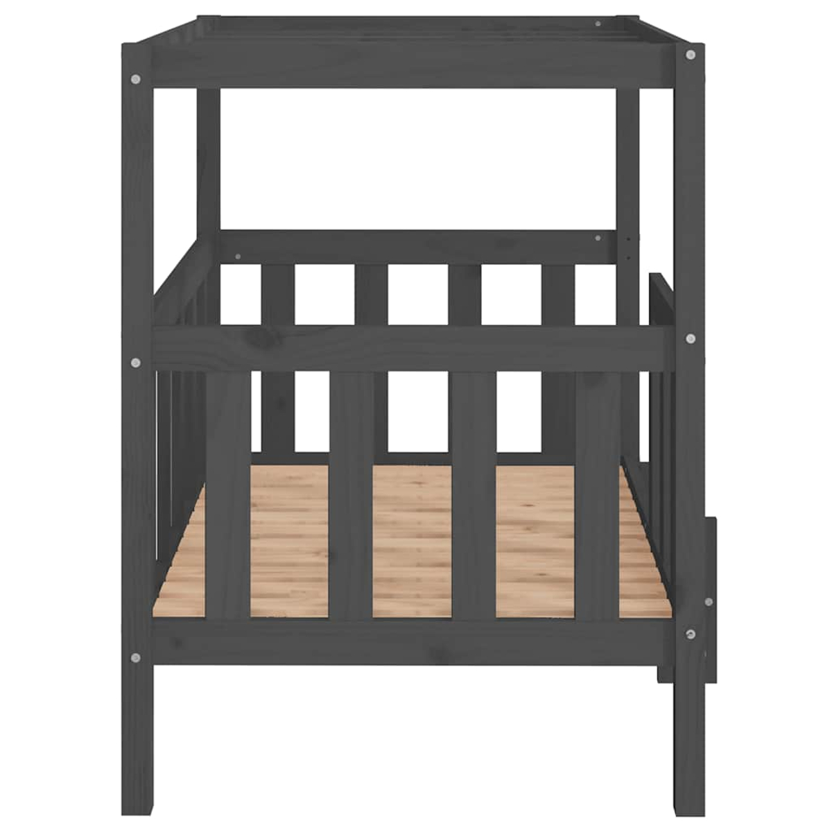 Ein dunkles Holzhausbett mit Lattenrost und seitlichen Stäben.