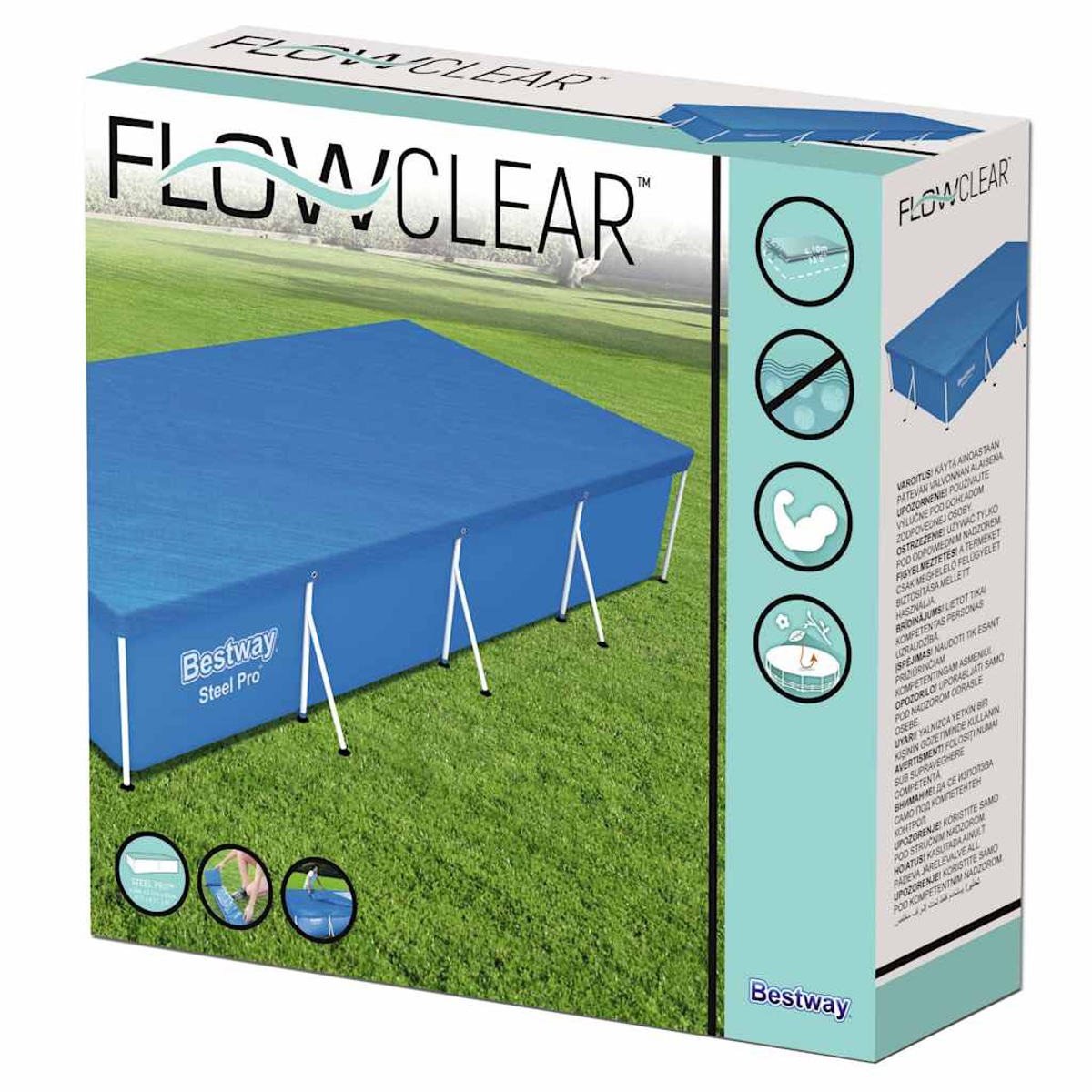 Eine blaue rechteckige Poolabdeckung von Bestway auf grünem Gras.