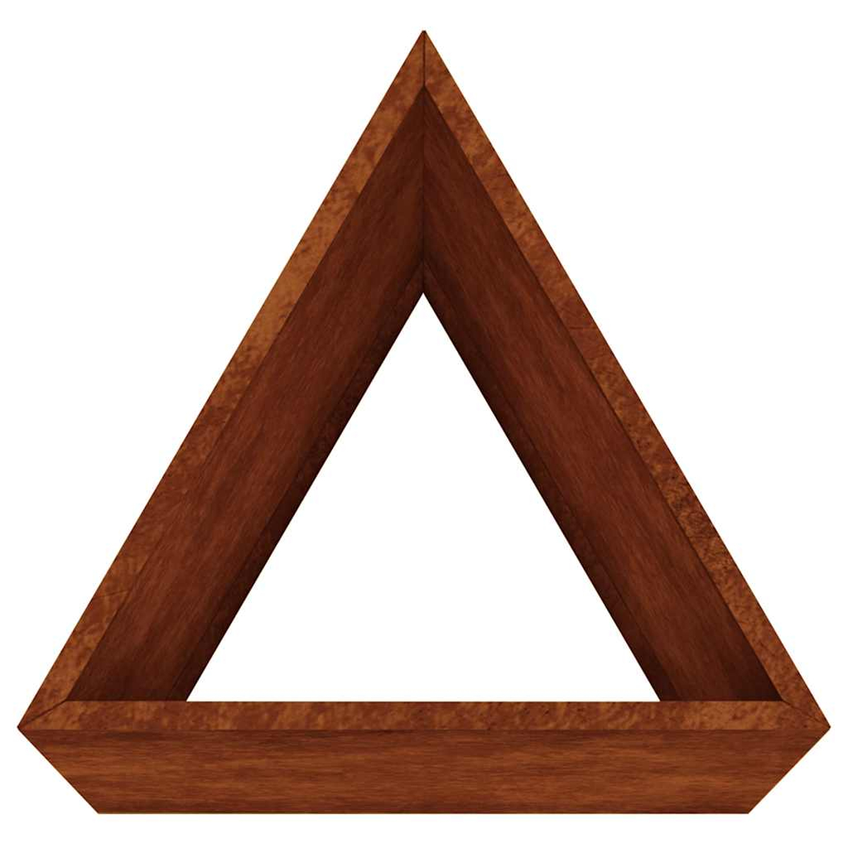 Ein dreieckiger Holzrahmen mit brauner Maserung auf weißem Hintergrund.