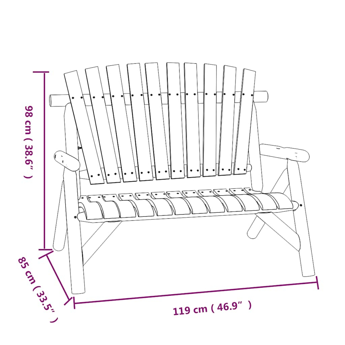 Zeichnung einer Holzbank mit Maßen: 98 cm hoch, 85 cm tief, 119 cm breit.