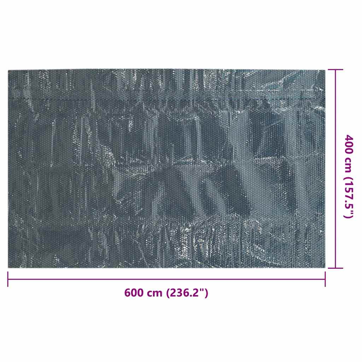 Eine 600 cm x 400 cm große, graue, blasenförmige Abdeckplane für Pools.