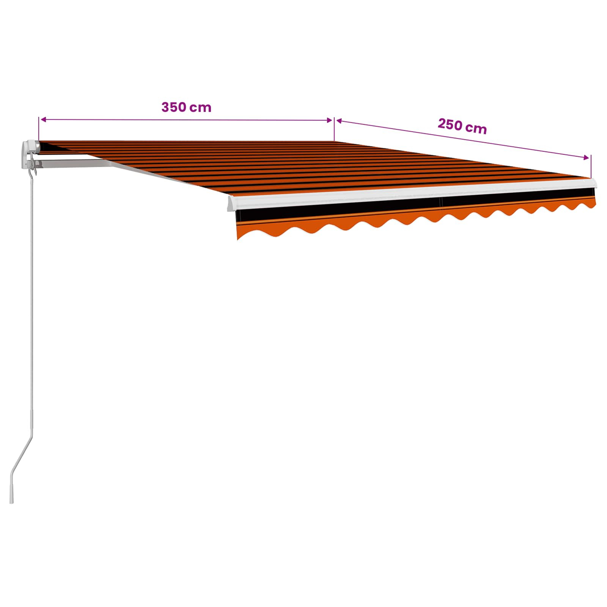 Ein orange-schwarz gestreiftes Sonnensegel mit Wellenkante, 350x250 cm.