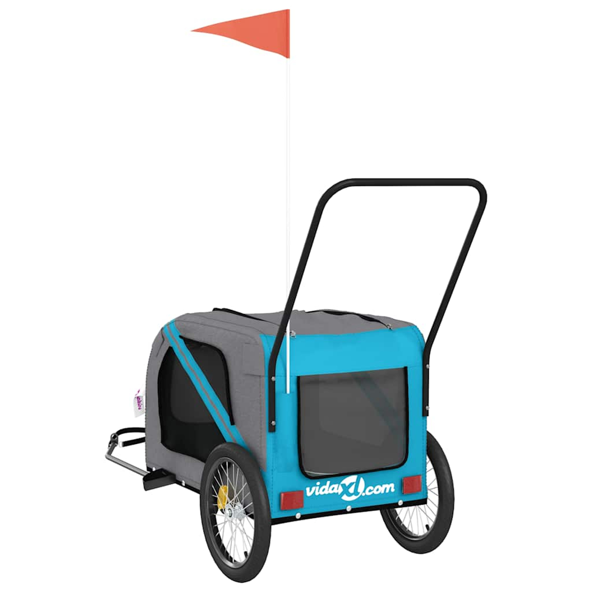 Ein grauer und blauer Fahrradanhänger für Haustiere mit orangem Wimpel und Griff.