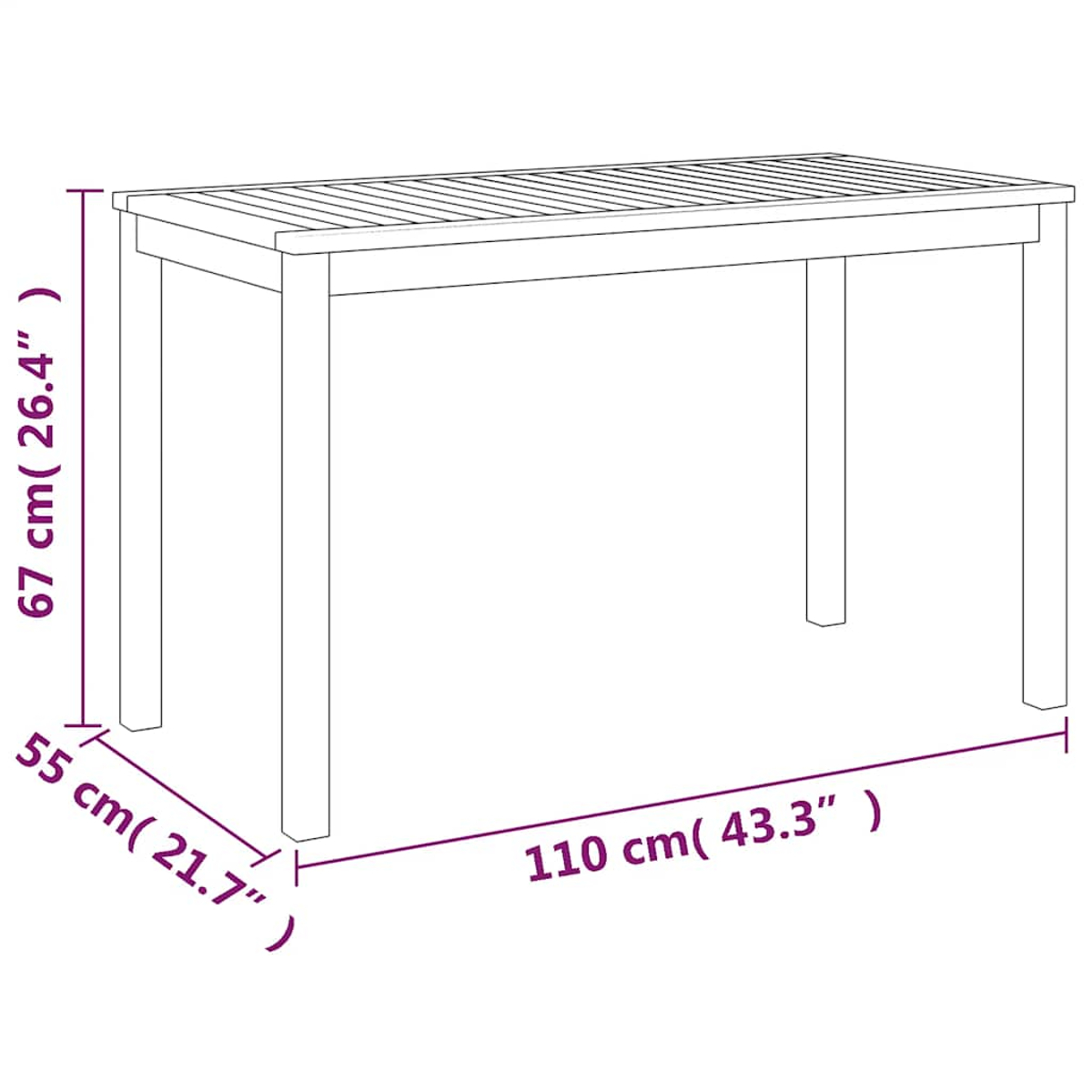 Eine Tischzeichnung mit Maßen: 110 cm lang, 55 cm breit, 67 cm hoch.