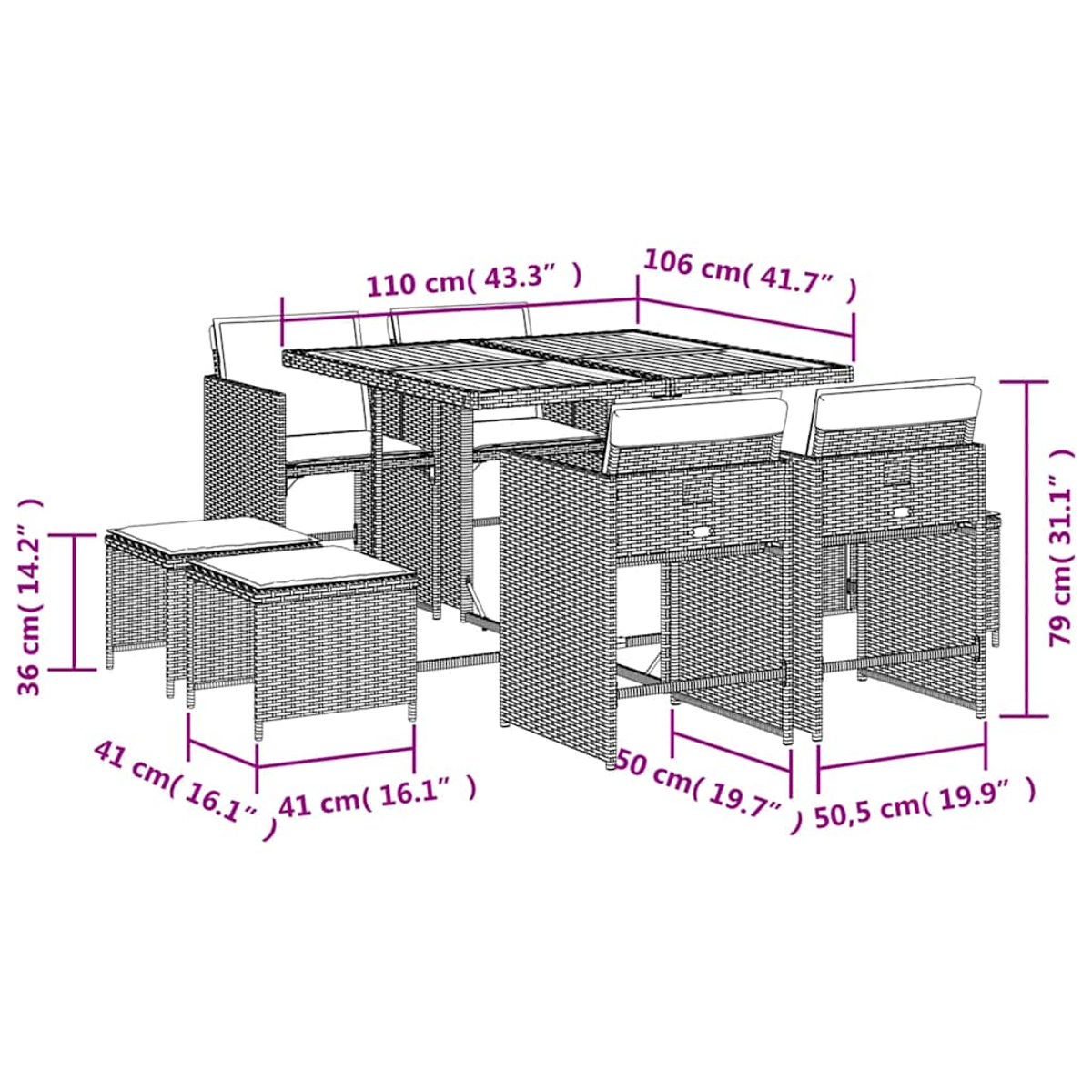 Muebles de jardín de mimbre: mesa, cuatro sillas y dos taburetes con medidas.