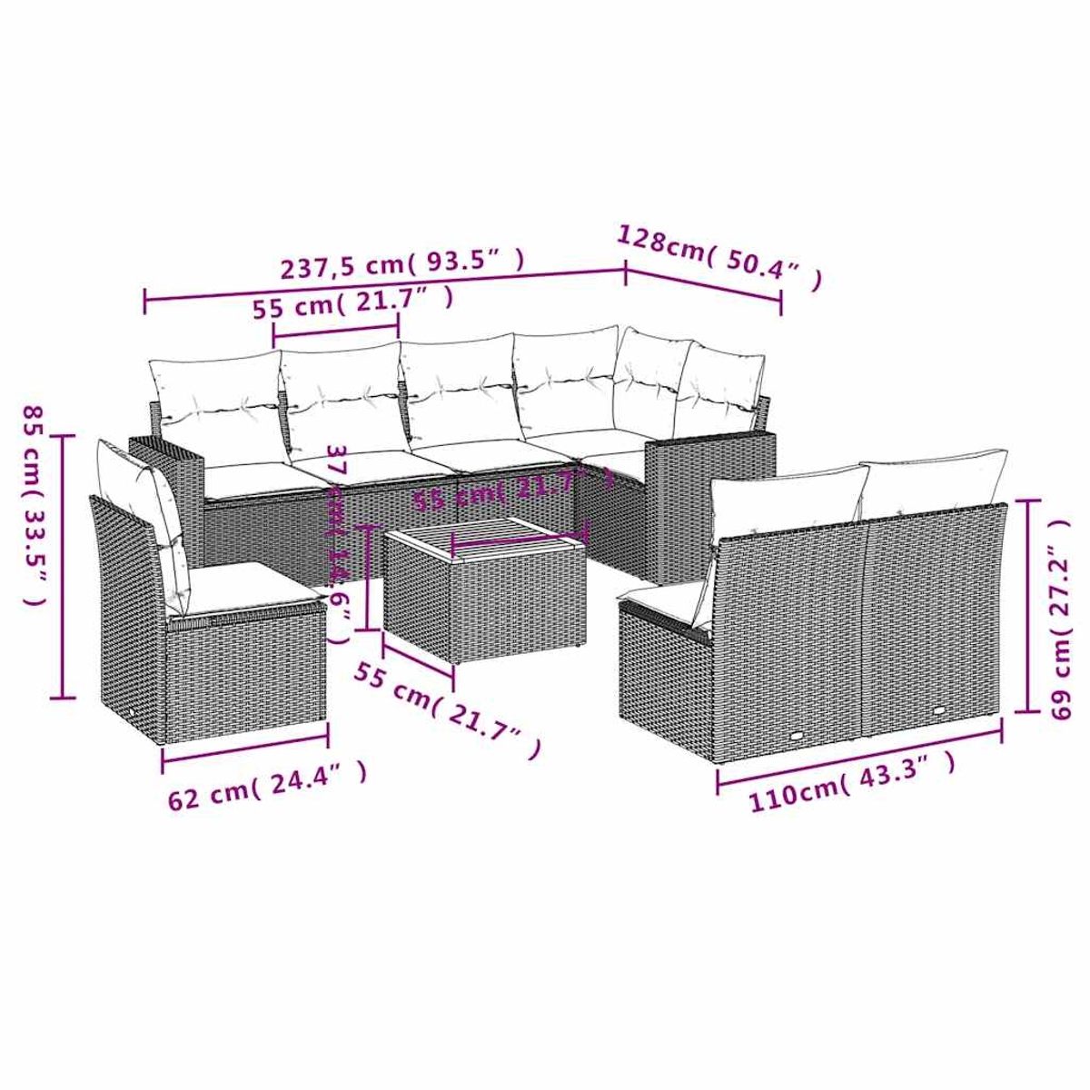 Ein modulares Rattangeflecht-Sitzset mit weißen Kissen und einem Tisch.