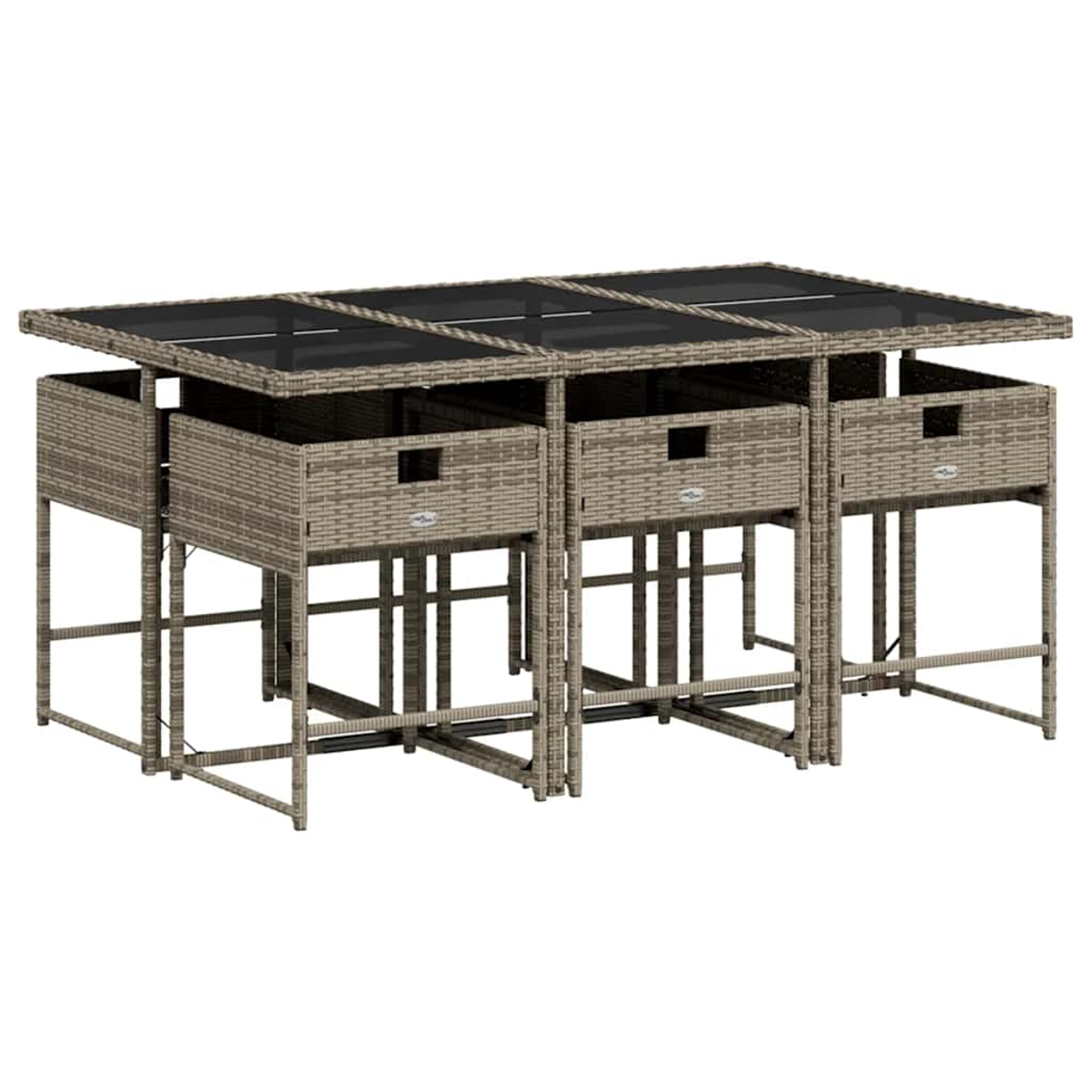 Ein rechteckiger Tisch aus Rattan mit Glasplatte und Schubladen.
