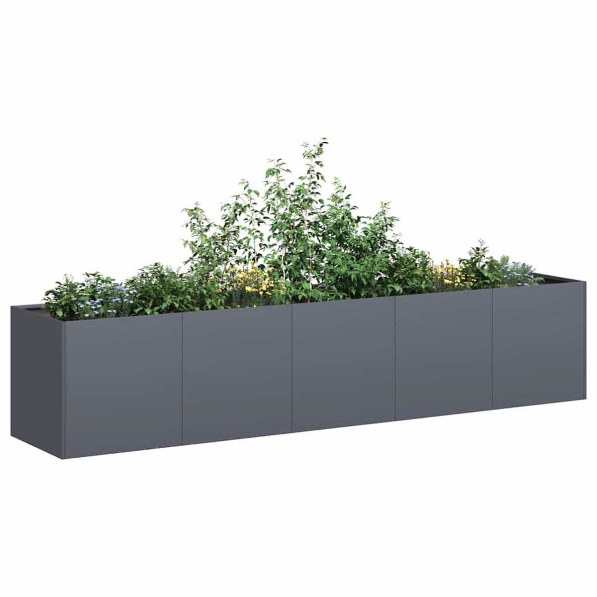 Una lunga fioriera color antracite scuro con varie piante verdi e fiori gialli e blu.