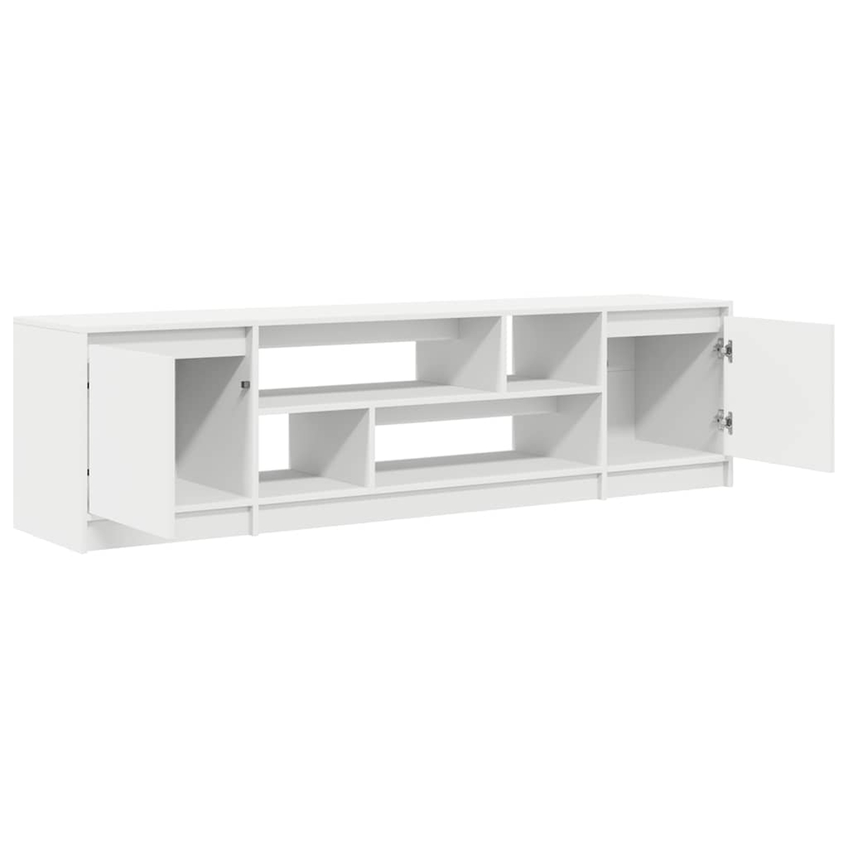 Ein weißes, modernes Sideboard mit offenen Fächern und zwei Türen, eine davon geöffnet.