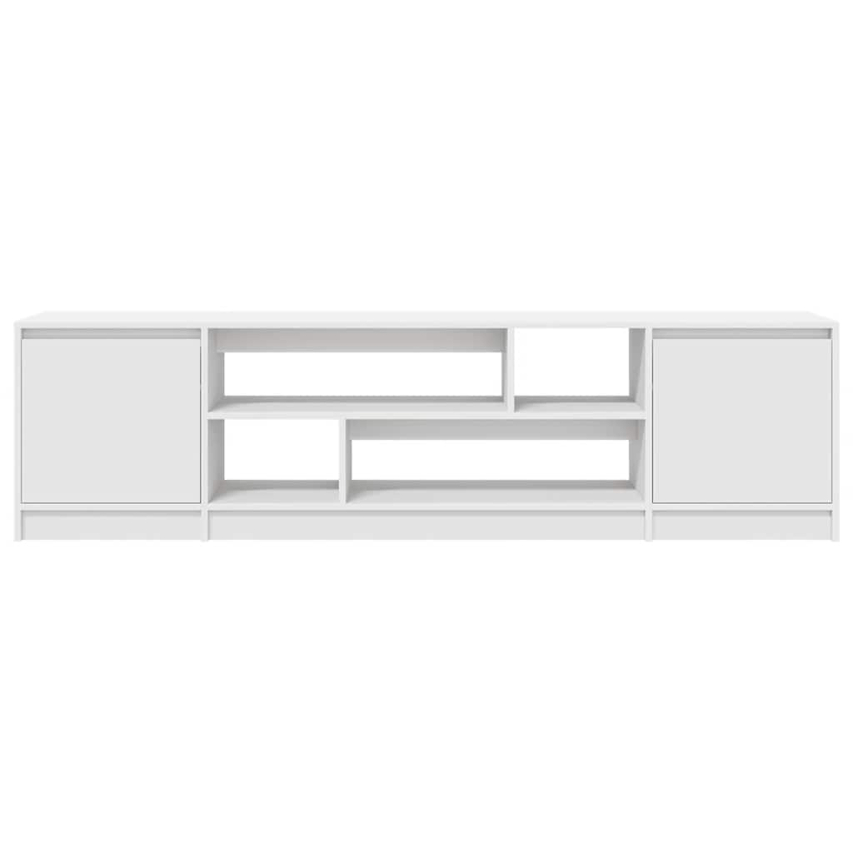 Ein weißes, modernes Sideboard mit zwei Türen und offenen Fächern.
