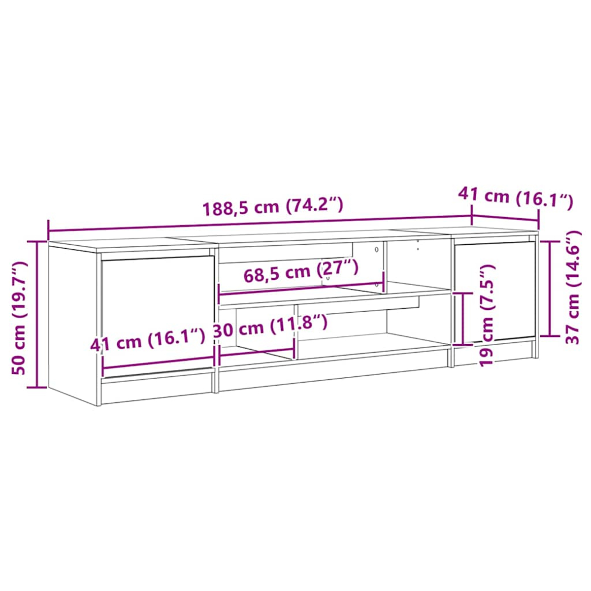 Diagramm eines TV-Ständers mit Maßen. 188,5cm breit, 50cm hoch, 41cm tief.