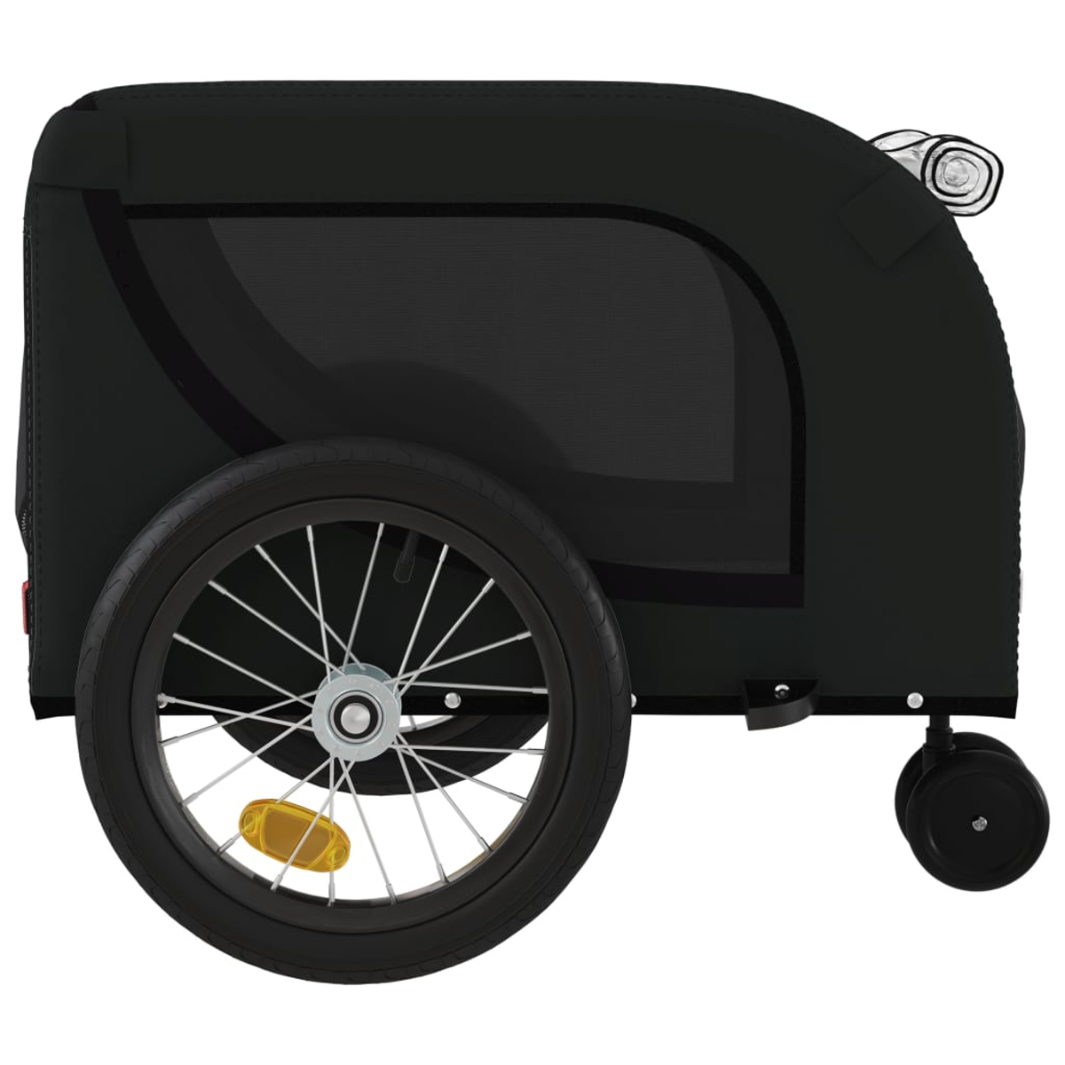 Schwarzer Kinderwagen mit großem Rad, Netzfenster und kleinem Vorderrad.