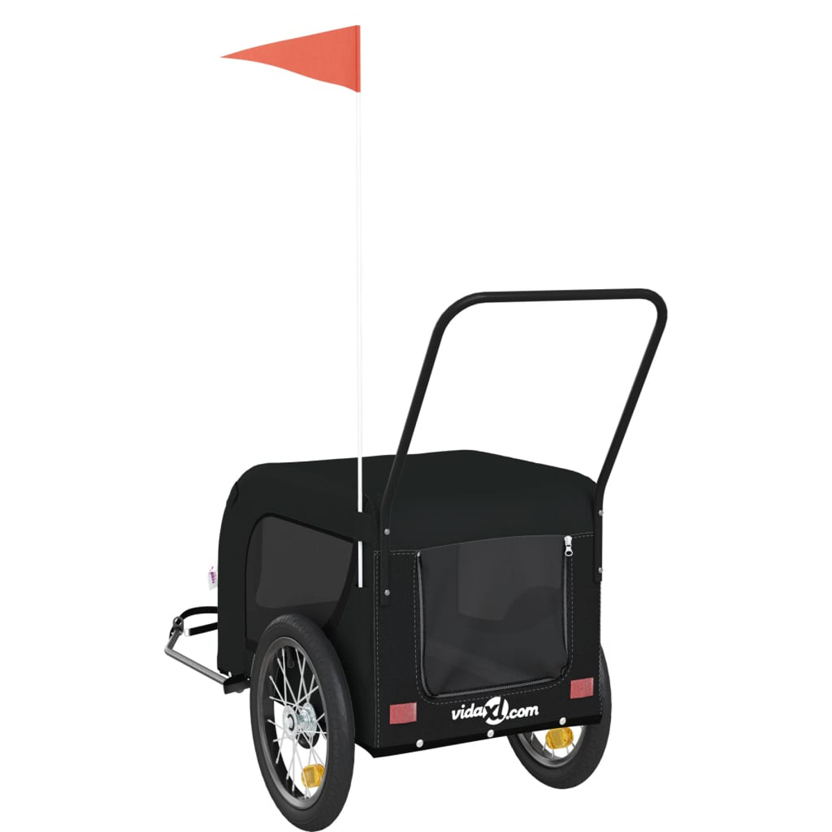 Schwarzer Fahrradanhänger mit orangem Wimpel, zwei Rädern und Griff.